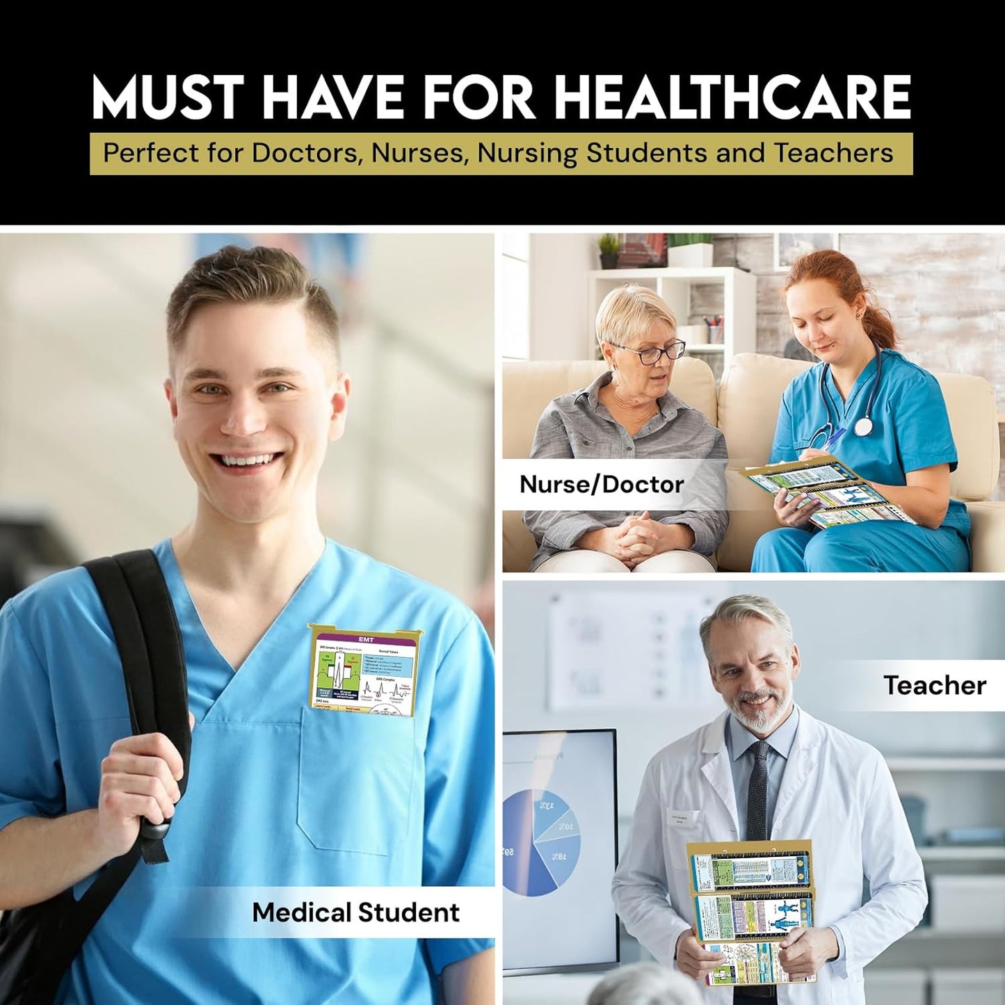 Nursing Clipboard Foldable with Medical Edition Cheat Sheets, 3 Layers Aluminum Foldable Clipboard for Nursing, Notepad for Students, Nursing School Essentials (Black)