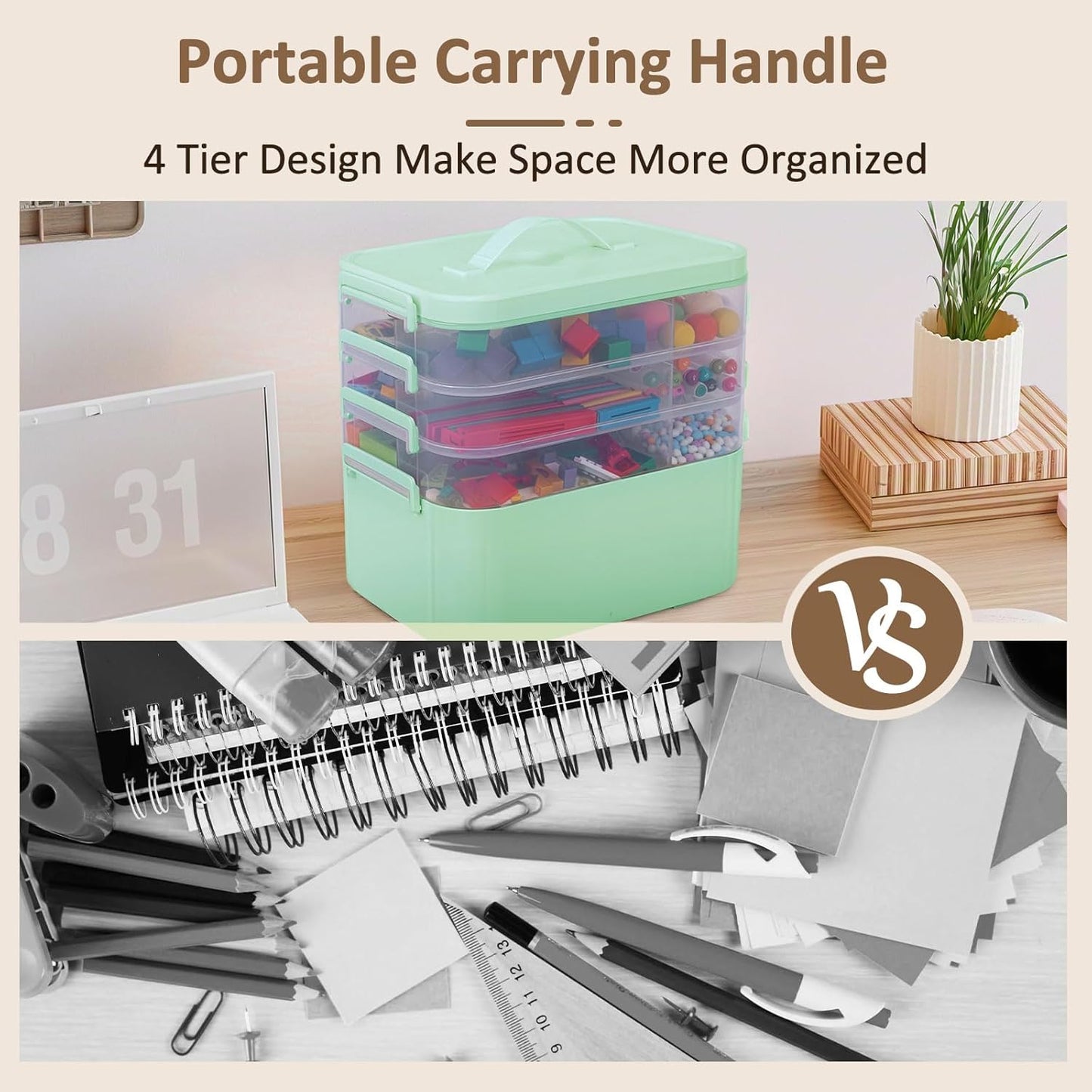 3-Layer Plastic Craft Organizers and Storage Box with Removable Trays, Storage Containers with lids and Handle, Art Supply Storage Organizer for Bead, Ornament, Nail Polish, Tape（10.62"x9"x7.67"）