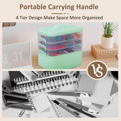 3-Layer Plastic Craft Organizers and Storage Box with Removable Trays, Storage Containers with lids and Handle, Art Supply Storage Organizer for Bead, Ornament, Nail Polish, Tape（10.62"x9"x7.67"）
