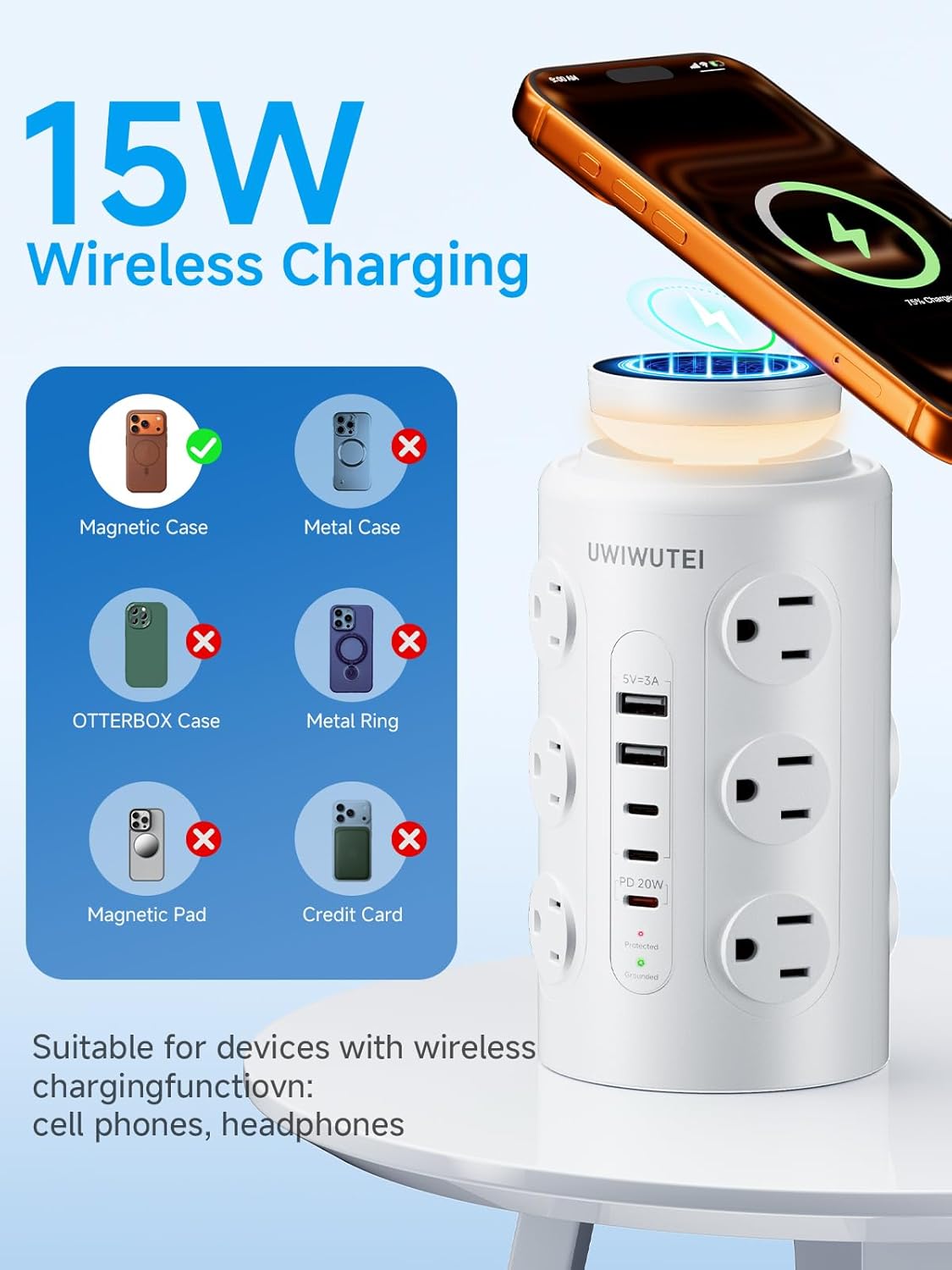 Tower Power Strip Surge Protector with 16 Outlets and 5 USB Ports (2 USB-C), 6FT Extension Cord with Multiple Outlets,Heavy Duty Charging Station,Home Office Dorm Room Essentials. No Wireless Charging