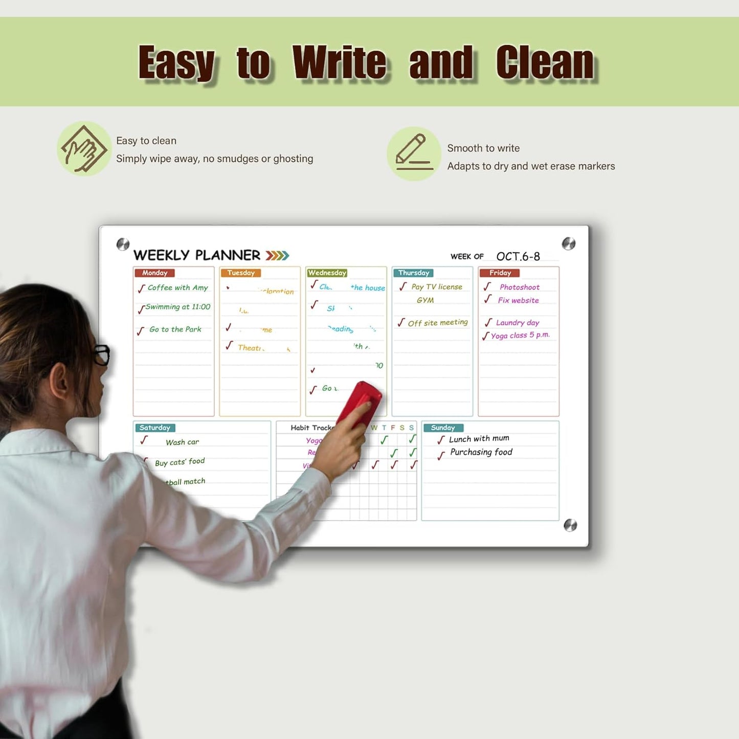 Glass Colorful Weekly Dry Erase Calendar Whiteboard for Wall,24"x 36",Frameless Mounting,Office/School/Home, Frameless Large Planner White Board