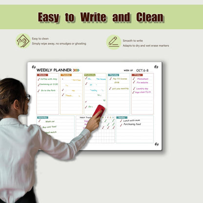 Glass Colorful Weekly Dry Erase Calendar Whiteboard for Wall,24"x 36",Frameless Mounting,Office/School/Home, Frameless Large Planner White Board