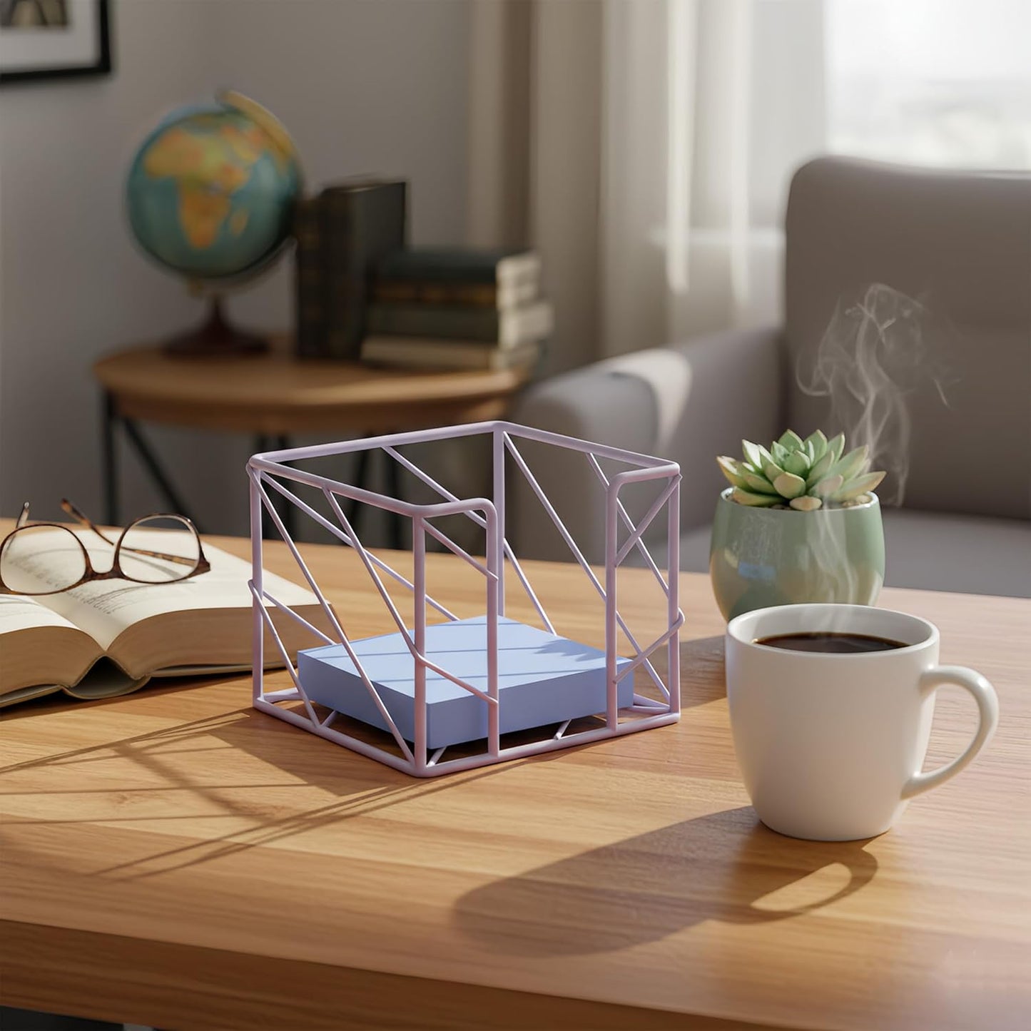 Rose Gold Geometric Sticky Note & Memo Cube Holder, Post Note Dispenser & Desk Organizer Metal Wire for Home, School, Office Supplies (Holder Only)