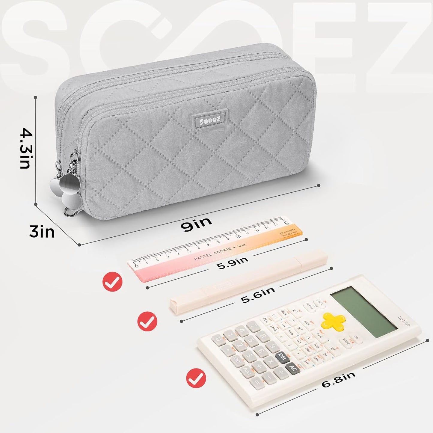 Sooez Large Pencil Case Pouch, Extra Big Pencil Bag with 8 Compartments, Pen Bag Wide Opening, Soft Quilted Pencil Pouch Organizer with Zipper, Portable Pencil Case for Teen Girls, Pink