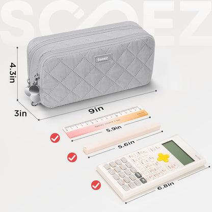 Sooez Large Pencil Case Pouch, Extra Big Pencil Bag with 8 Compartments, Pen Bag Wide Opening, Soft Quilted Pencil Pouch Organizer with Zipper, Portable Pencil Case for Teen Girls, Pink