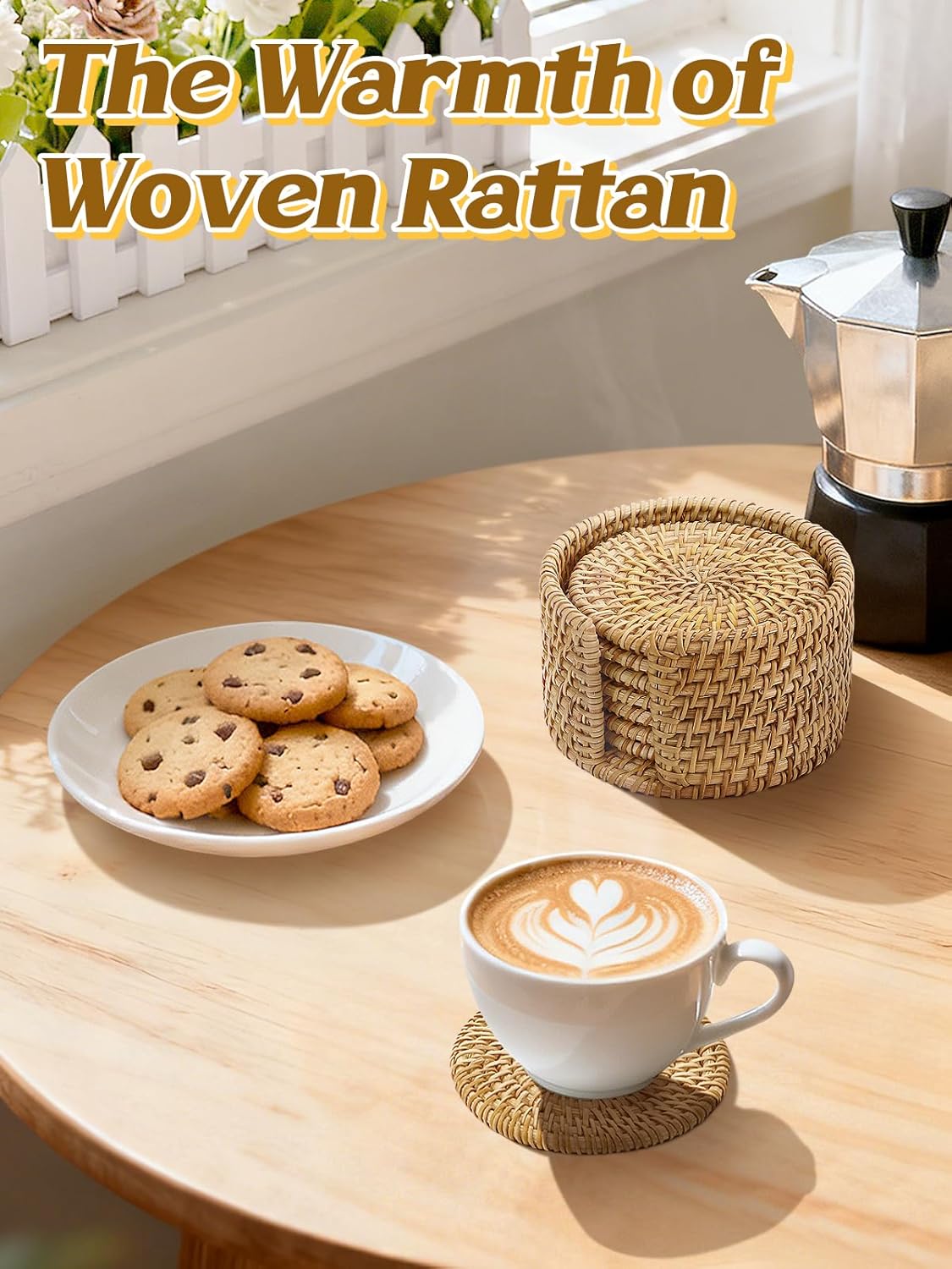 6pcs Natural Handmade Rattan Coasters with Holder - Wicker Drink Coasters Set, Housewarming Gifts Boho Summer Home Coastal Decor