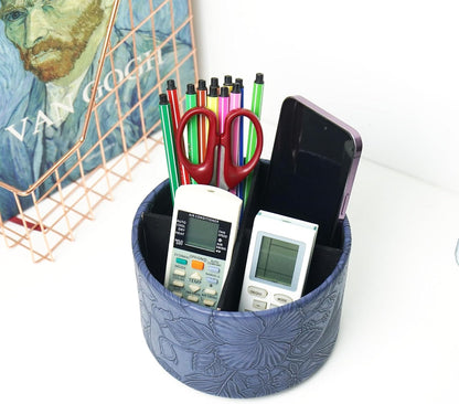 Round Leather Art Supply Organizer,Remote Control Holder,360 Degree Rotating,Multi-Functional Pencil Holder,4 Compartments Desktop Stationary Organizer(1-Fractal Flower) | Round - Colors B