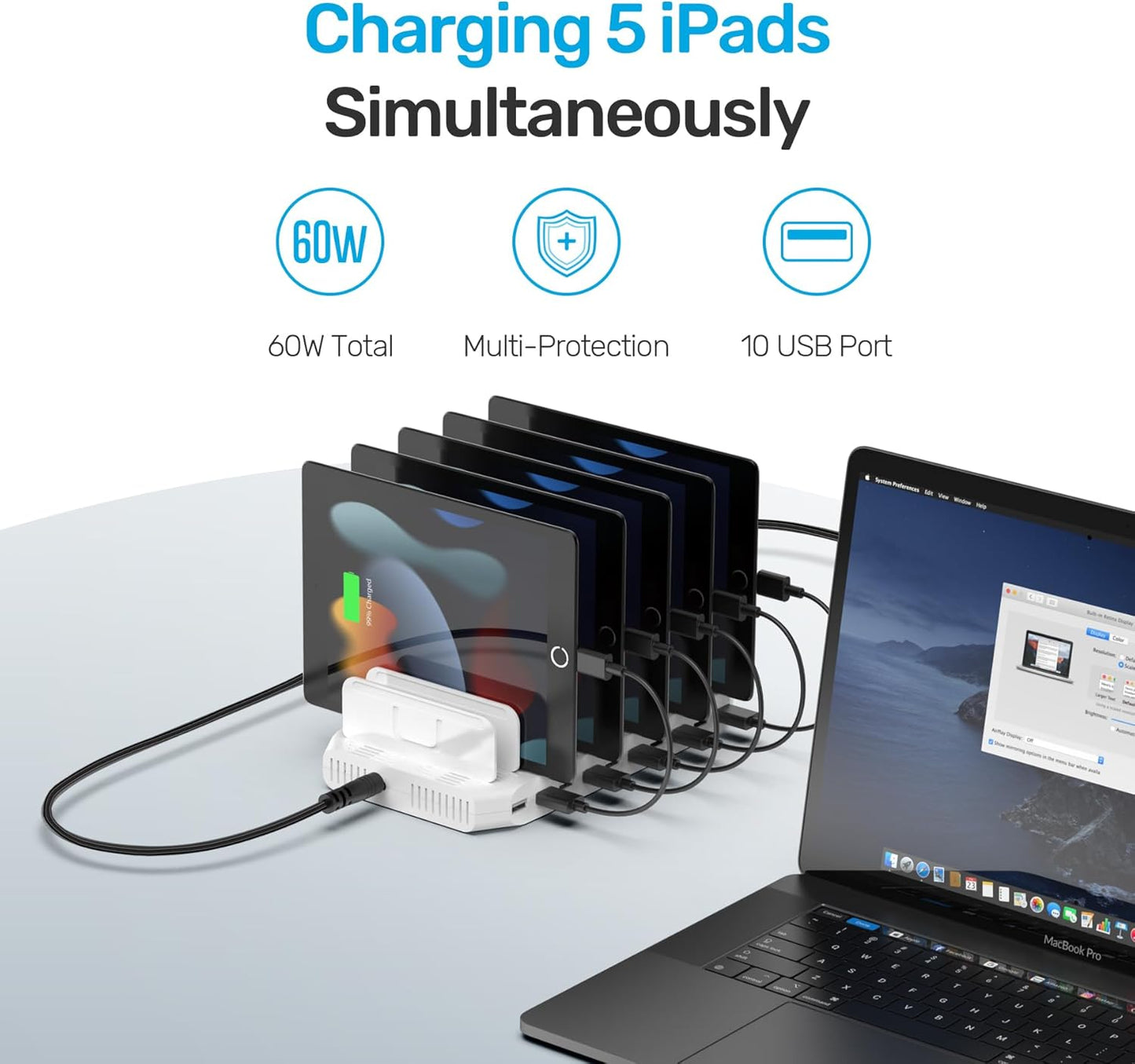 Unitek Multi Charging Station, 10-Port USB Charger for Multiple Device with SmartIC Tech and Adjustable Dividers, Organizer Stand Compatible with iPad, Tablet, Kindle, iPhone