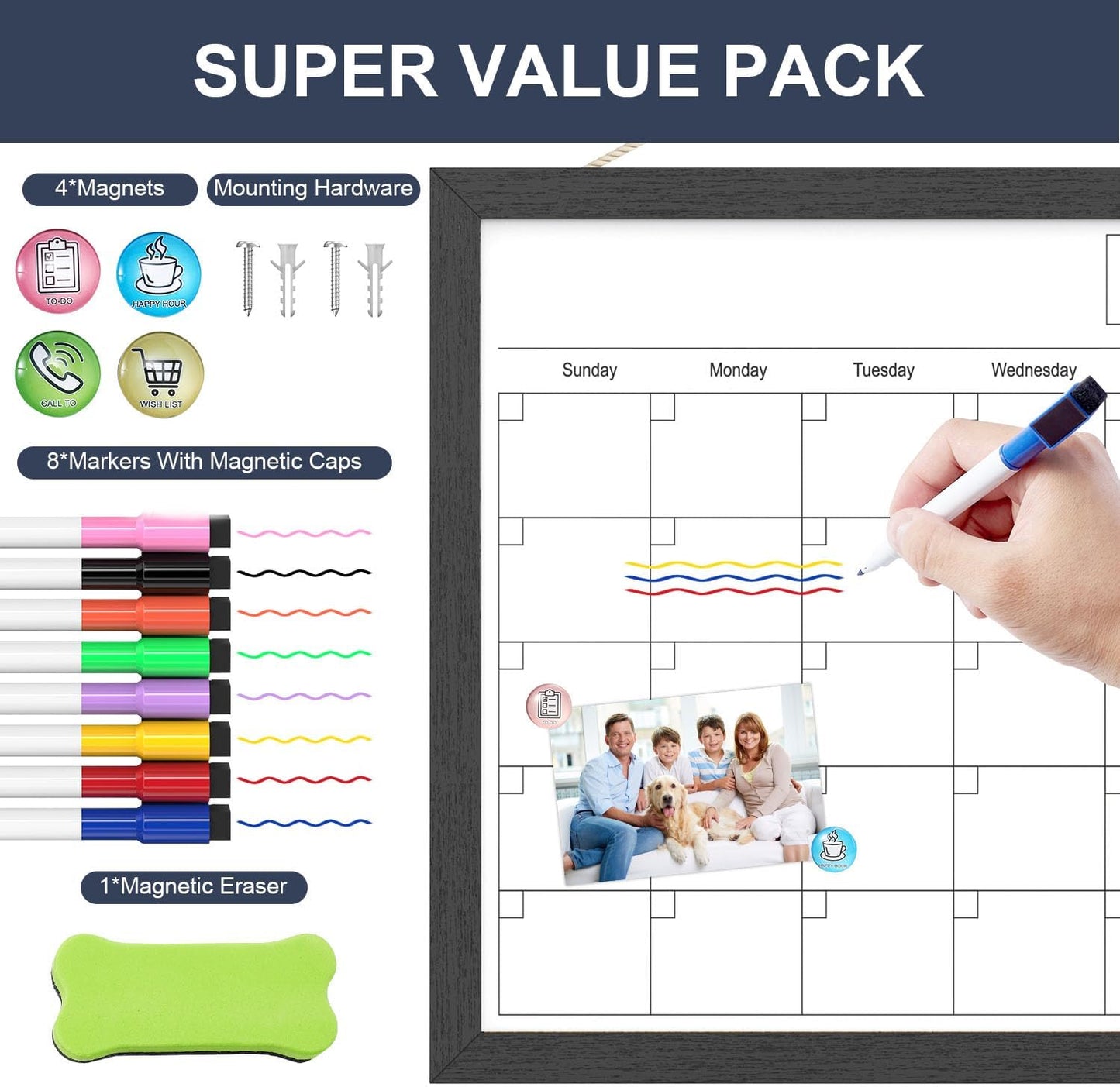 Calendar Whiteboard for Wall, TANKEE 17x13 Inches Whiteboard Calendar Cork Board Combo, Small Magnetic White Board with Wood Framed, Hanging Dry Erase Board for Kitchen Home Office School Planner