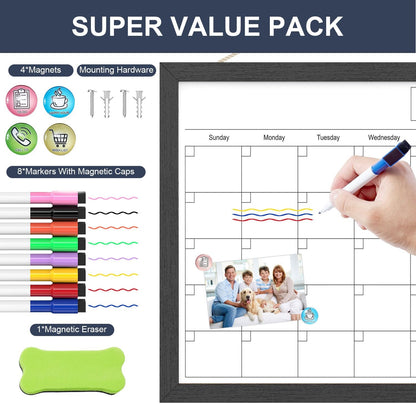 Calendar Whiteboard for Wall, TANKEE 17x13 Inches Whiteboard Calendar Cork Board Combo, Small Magnetic White Board with Wood Framed, Hanging Dry Erase Board for Kitchen Home Office School Planner