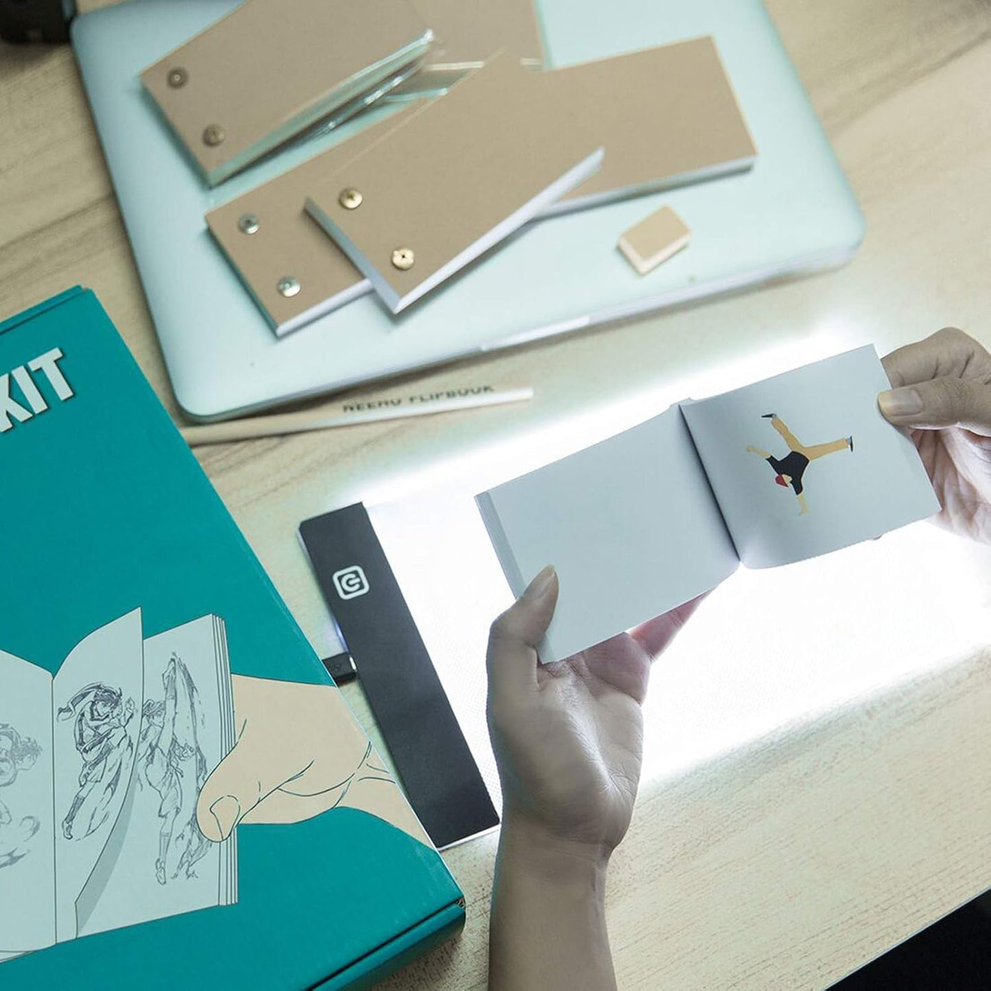 Flip Book Kit, Neeho Flipbook Kit with Light Pad for Drawing and Tracing with 300 Sheets Premium Pre-drilled Flipbook Paper, LED Lightbox for Making Animation Flipbooks with Binding Screws