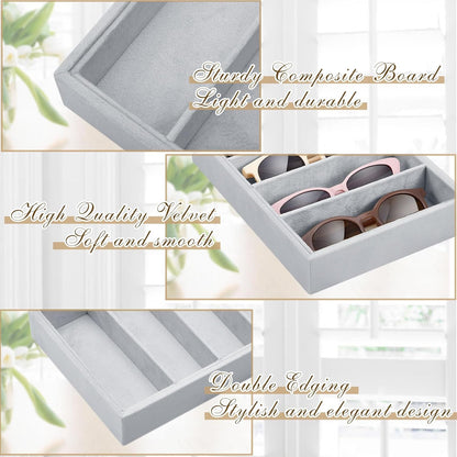 Amylove 4 Pcs Gray Sunglass Organizer Trays 4 Grids Velvet Glasses Holder Jewelry Display Organizer Eyeglasses Storage Box Drawer