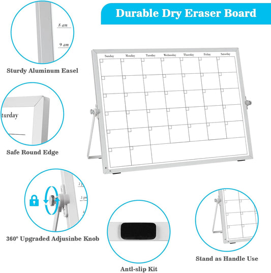 ONAVIA Desktop Whiteboard with Stand, 16"×12" Double-Sided Magnetic Dry Erase Calendar, Weekly Monthly Schedule with Time Slots, Portable for Home, Office, Planning, Memo, to Do List