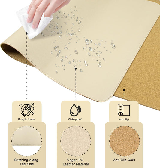 Non Slip Desk Mat, 31.5" x 15.7" PU Leather Desk Pad, Cork Desk Mat for Desktop, Desk Pad for Keyboard and Mouse, Ideal for Office and Home, Black