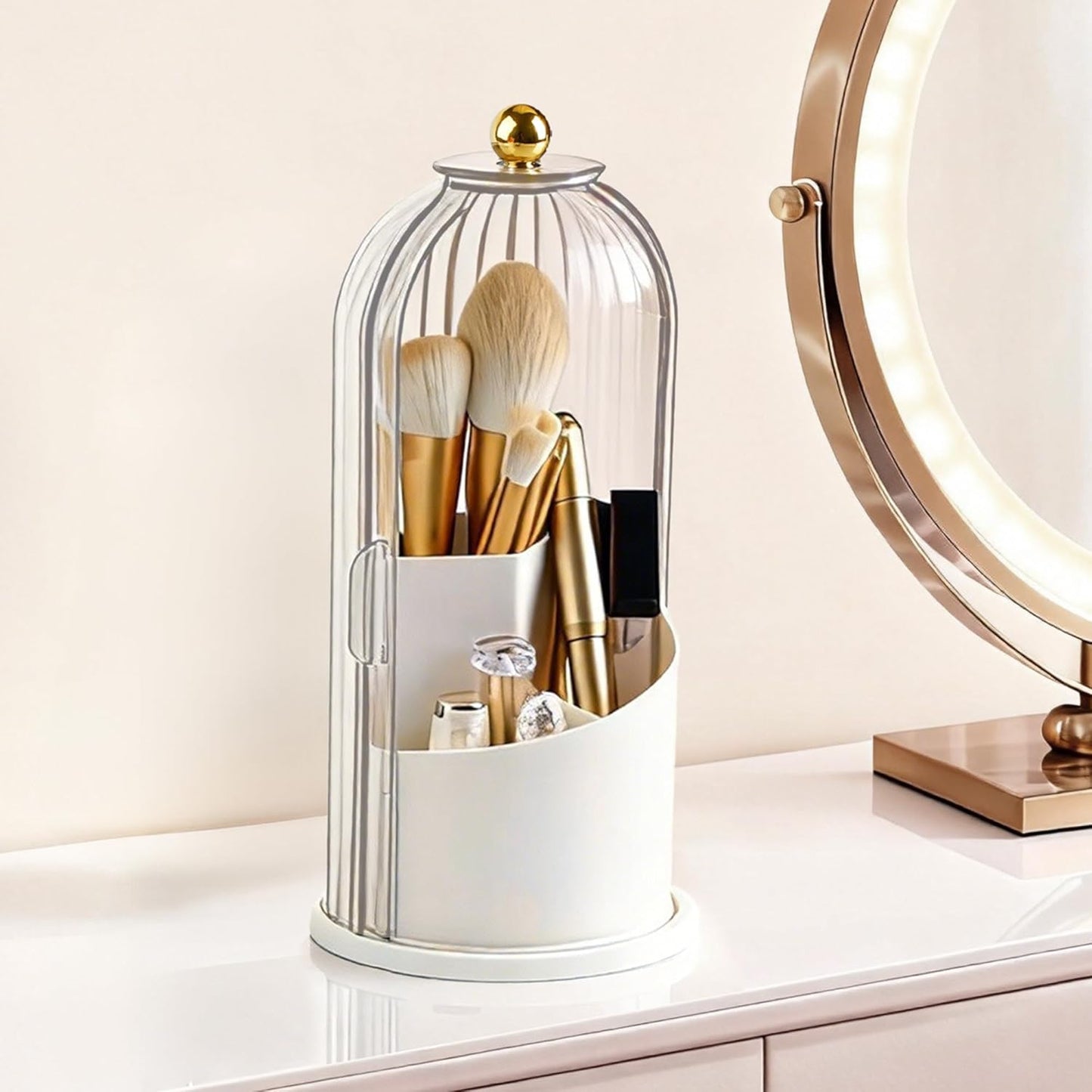 Hvygss 360° Rotating Makeup Brush Holder with Lid, Waterproof Three-Compartment Makeup Organizer, 180° Side-Pull Door Desk Organizer, Dustproof Brush Holder for Vanity and Bathroom (Transparent)