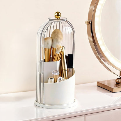 Hvygss 360° Rotating Makeup Brush Holder with Lid, Waterproof Three-Compartment Makeup Organizer, 180° Side-Pull Door Desk Organizer, Dustproof Brush Holder for Vanity and Bathroom (Transparent)