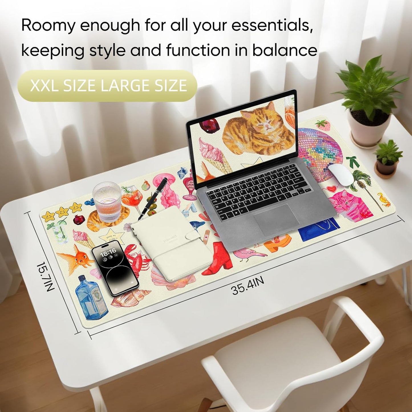 Pink Desk Mat, Leather Desk Pad Blotter Protector, XXL Large Mouse Pad,Computer Laptop Mouse Pads for Desktop,Waterproof Writing Anti-Slip Mousepad for Office and Home I Colorful Stickers