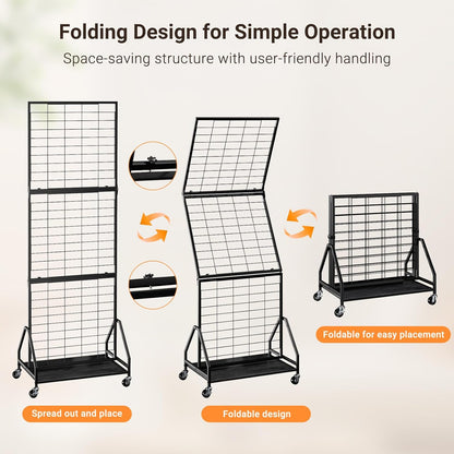 ELYKEN Foldable Grid Wall Panels 5.7' x 2' FT, Movable Wire Gridwall Display Rack with Wheels and Adjustable Foots, Retail Display Stand for Vendor with Storage (Rustic Brown)