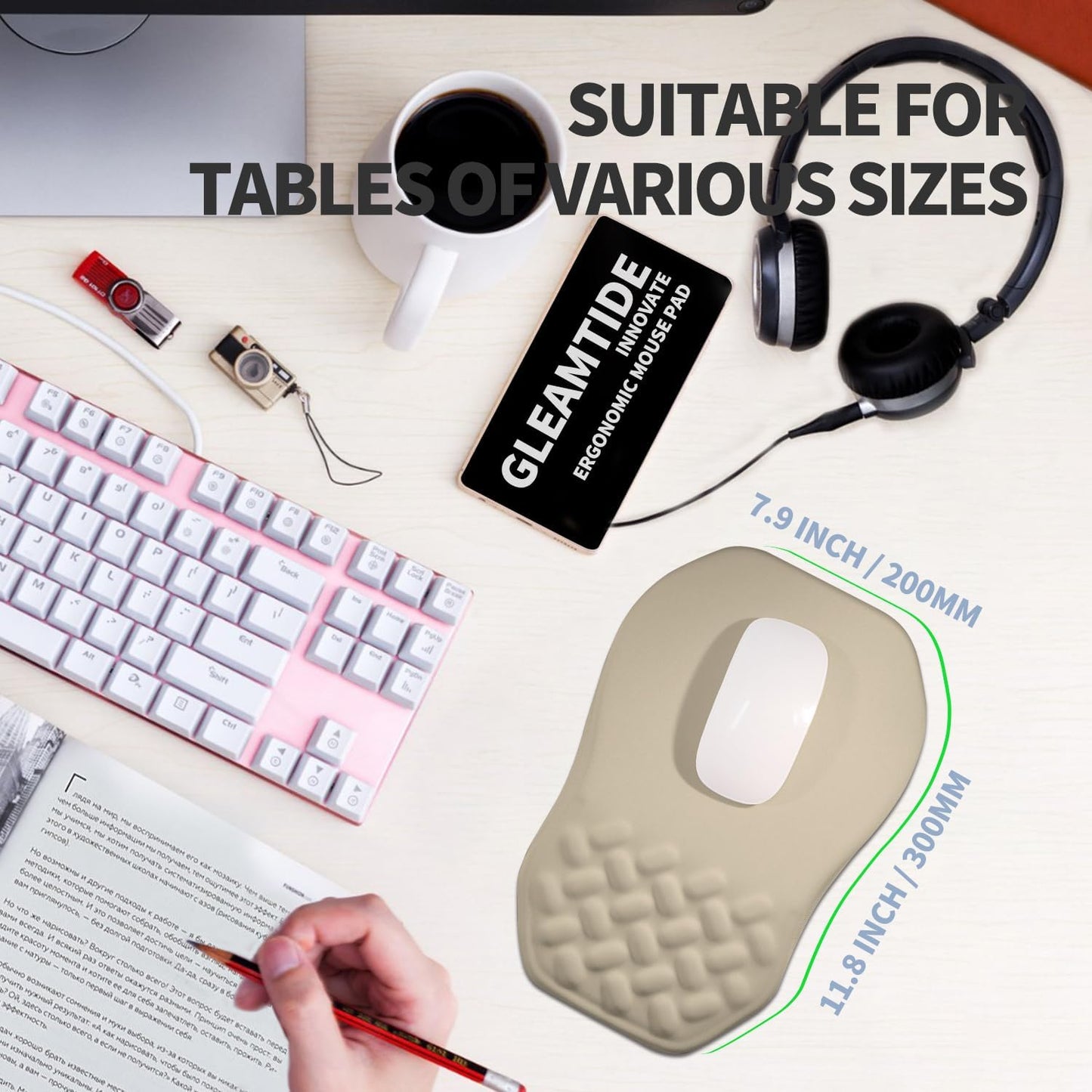 Ergonomic Raised Mouse Pad Wrist Support with Bilateral Slope Memory Foam Mousepad for Wrist Rest and Carpal Tunnel Pain Relief 11.8x7.9〃 Black