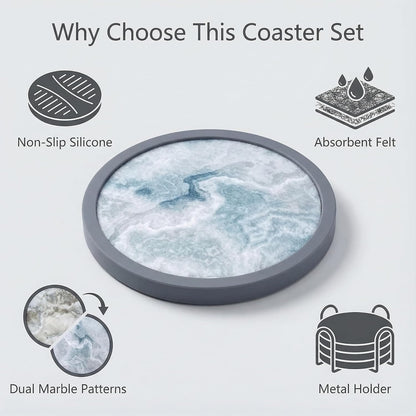 Absorbent Coasters for Drinks with Holder - 6packs, Silicone Coaster with Soft Felt Insert, Black (Coasters with Holder, Black)