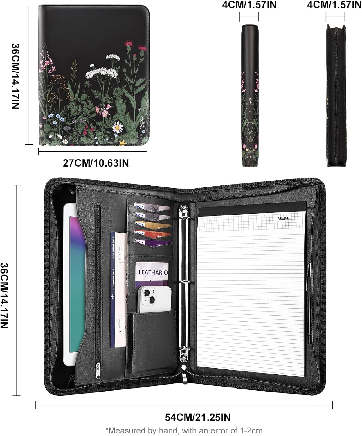 Leathario Portfolio Binder, Includes 10 Sheet Protectors and 3 Notepads, 3-Ring Folder Organizer, A4 Padfolio with Zipper, Vegan Leather Tablet Sleeve, Business Office Conference Clipboards