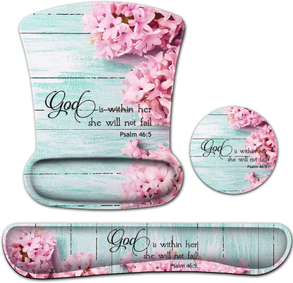 Mouse Pad with Wrist Support, Ergonomic Gel Mouse Pad Beautiful Flowers,Non-Slip Durable, Memory Foam Keyboard Wrist Rest, Suitable for Office Typing Games, Pink Hyacinths on Wood Panel