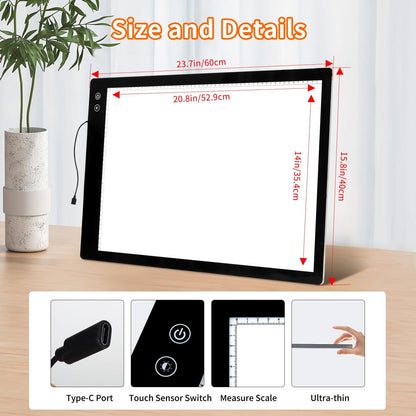 Rechargeable A2 Light Pad for Diamond Painting, 3 Colors High Bright Tracing Light Box with 6 Levels/Stepless Dimming, Fast Charging Adapter & 5555Lux, Large Drawing Light Board for Sketching