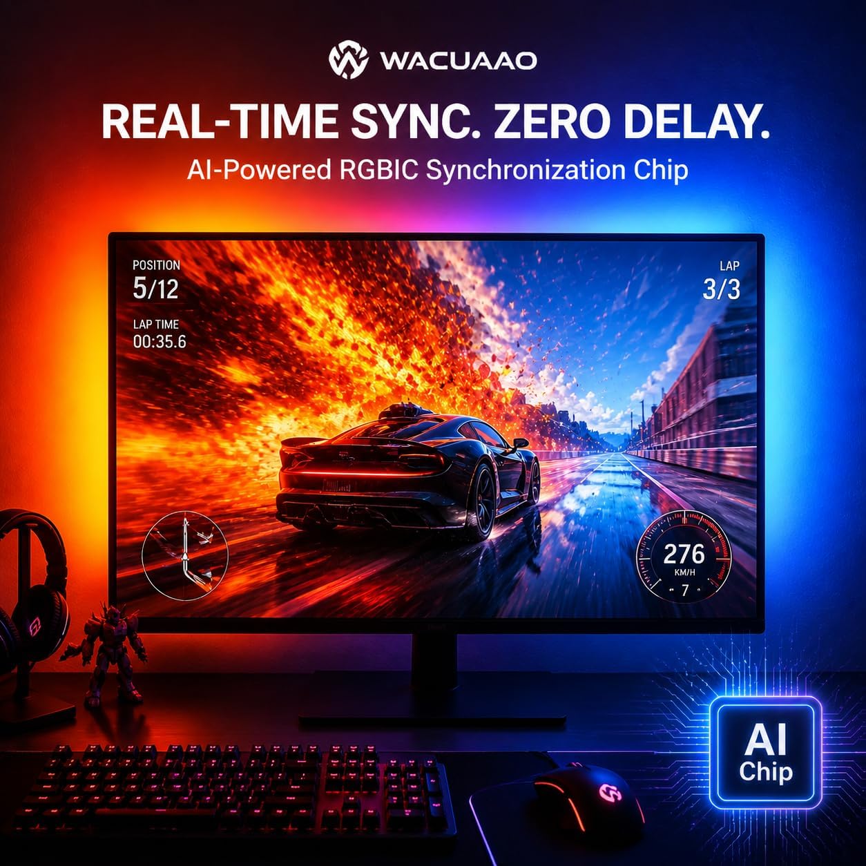 RGB Monitor Backlight with Screen Sync for 32 Inch Screens, Dual USB Powered LED Ambient Lighting Kit, Music Rhythm & Dynamic Modes, Immersive Bias Lighting for Home Office Gaming (4 Sides - 32 inch)