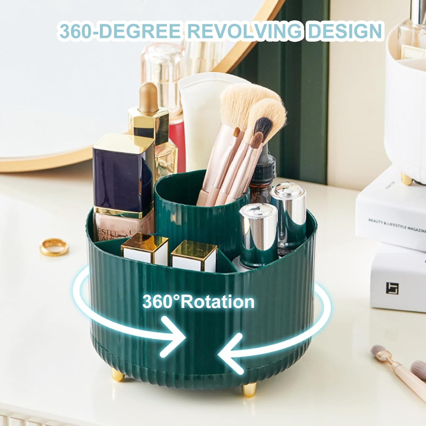 Cayxenful Pencil Holder For Desk,5 Slots 360°Degree Rotating Desk Organizers And Accessories,Desktop Storage Stationery Supplies Organizer, Cute Pencil Cup Pot For Office, School, Home (C-Blue)