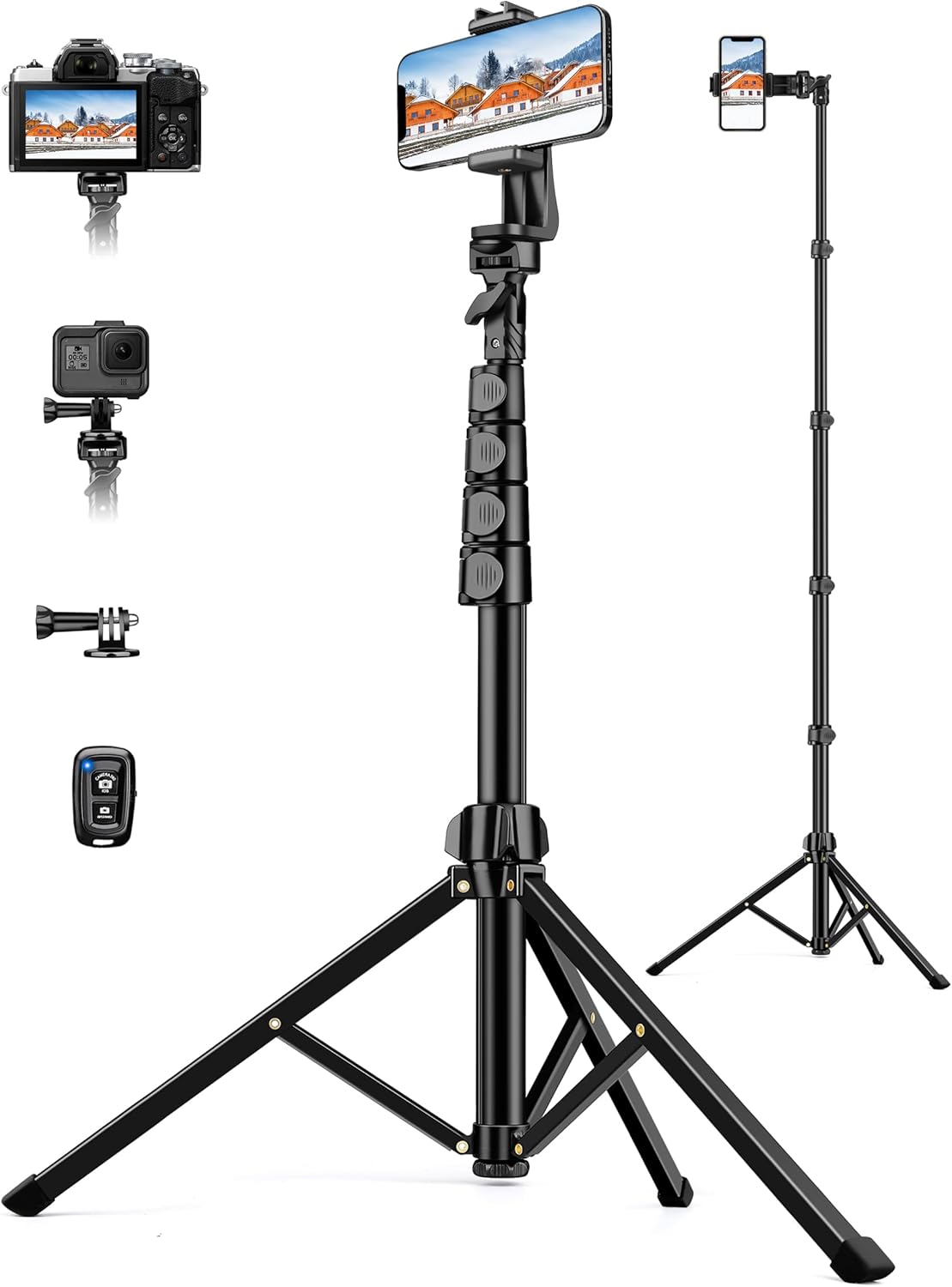 Phone Tripod, 86" Tall Tripod for iPhone with Flexible Gooseneck & Remote, Portable Aluminum Cellphone Stand for Selfies, Video Recording,Travel, Compatible with iPhone Android