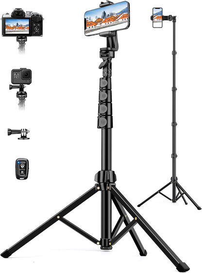 Phone Tripod, 86" Tall Tripod for iPhone with Flexible Gooseneck & Remote, Portable Aluminum Cellphone Stand for Selfies, Video Recording,Travel, Compatible with iPhone Android