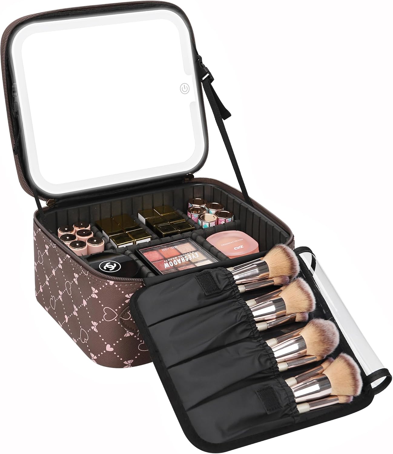 Relavel Travel Makeup Bag With LED Mirror, Cosmetic Train Case with Light up Mirror, Portable Makeup Artist Organizer Bag with Adjustable Dividers, Makeup Brush Holder Storage, Black