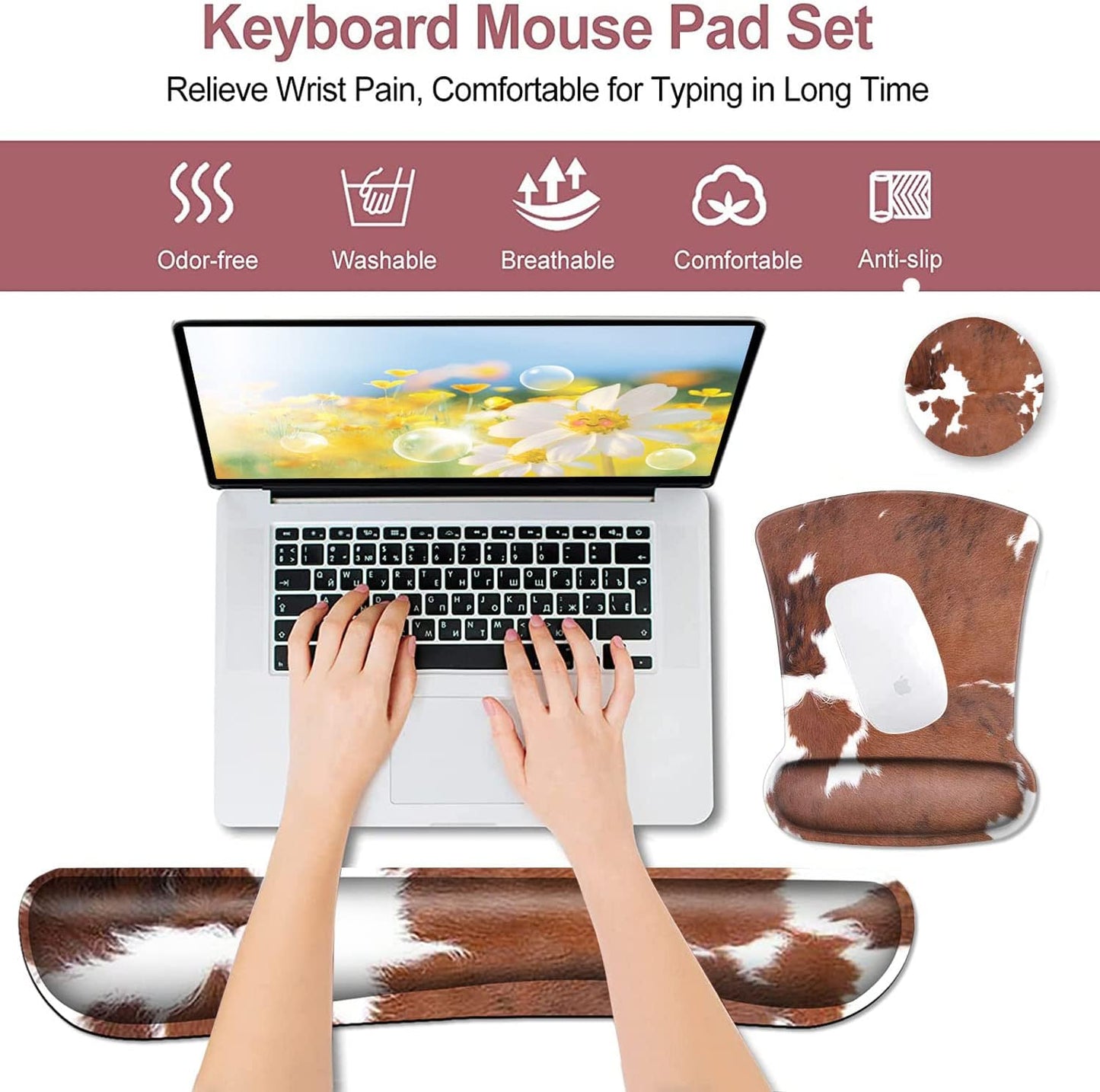 Mouse Pad with Wrist Support, Ergonomic Gel Mouse Pad Beautiful Flowers,Non-Slip Durable, Memory Foam Keyboard Wrist Rest, Suitable for Office Typing Games, Pink Hyacinths on Wood Panel