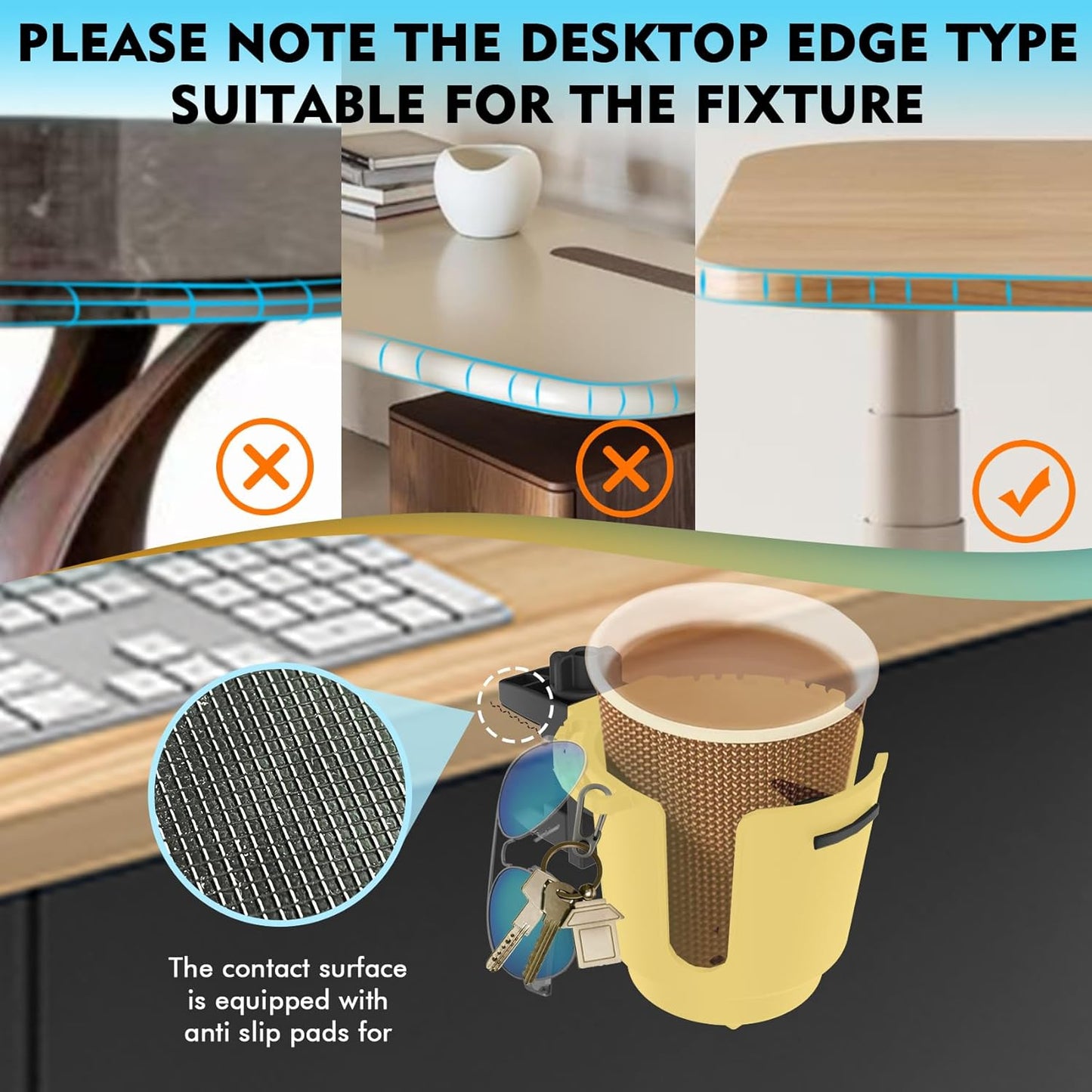 Desk Cup Holder with Spill-Proof Cup Design, Clip on Cup Holders for Desk, Table, Porch Swing, Patio Chair , Fits Maximum Diameter of 3/3.38 inches Bottles. (Black, Large)