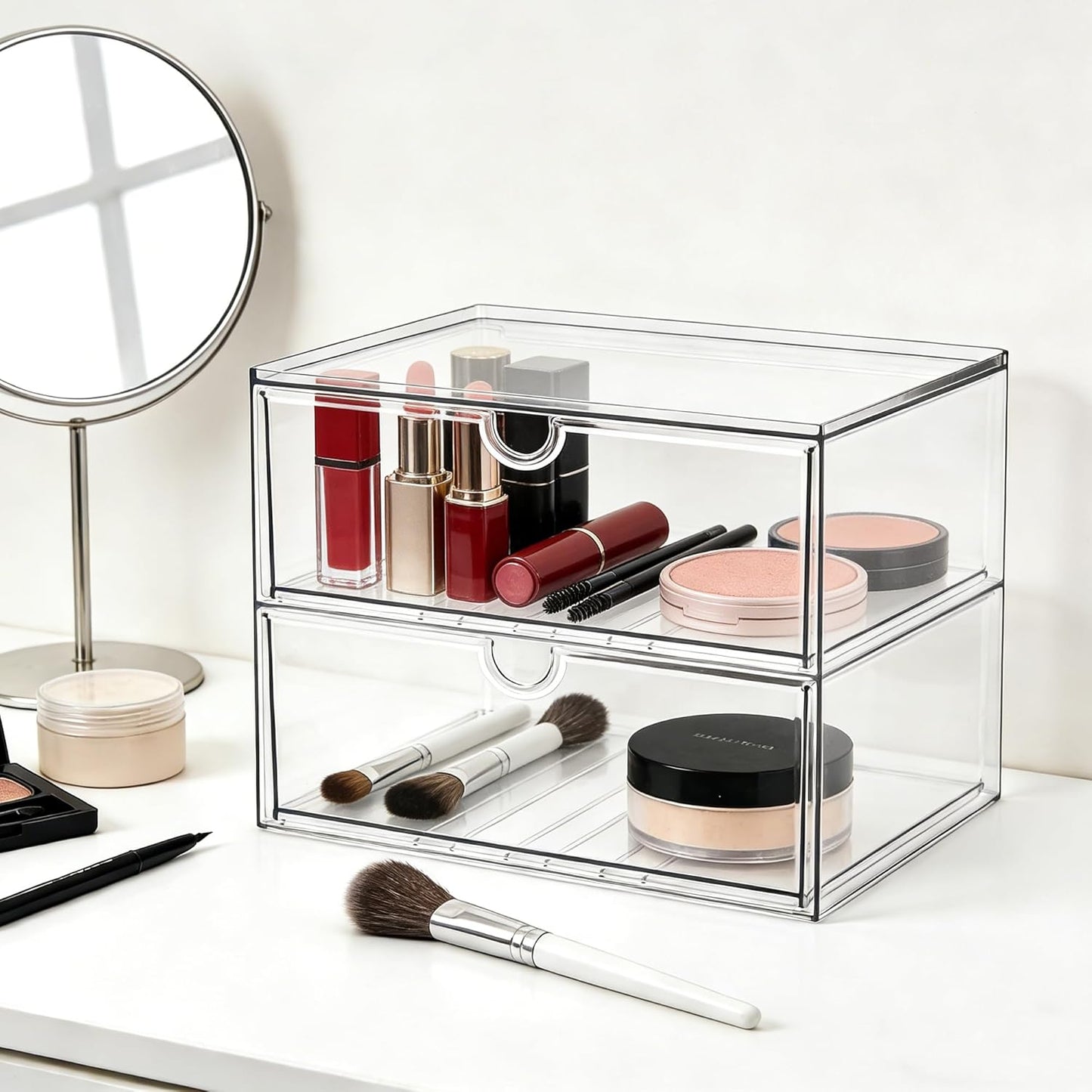 Prsildan Acrylic Drawer Makeup Organizer with 6 Drawers (Not for Baby Bottle), Set of 2 Office Desk Organizers Accessories, Clear Stackable Storage Drawers for Vanity, Craft (Largest Drawer 4" Tall)