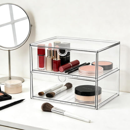 Prsildan Acrylic Drawer Makeup Organizer with 6 Drawers (Not for Baby Bottle), Set of 2 Office Desk Organizers Accessories, Clear Stackable Storage Drawers for Vanity, Craft (Largest Drawer 4" Tall)