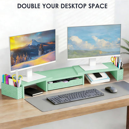 Spacrea Metal Desk Organizers and Accessories, Dual Monitor Stand Riser with Drawer and 2 Pen Holders, Desk Accessories & Workspace Desktop Organizers for Office Supplies (Wood)