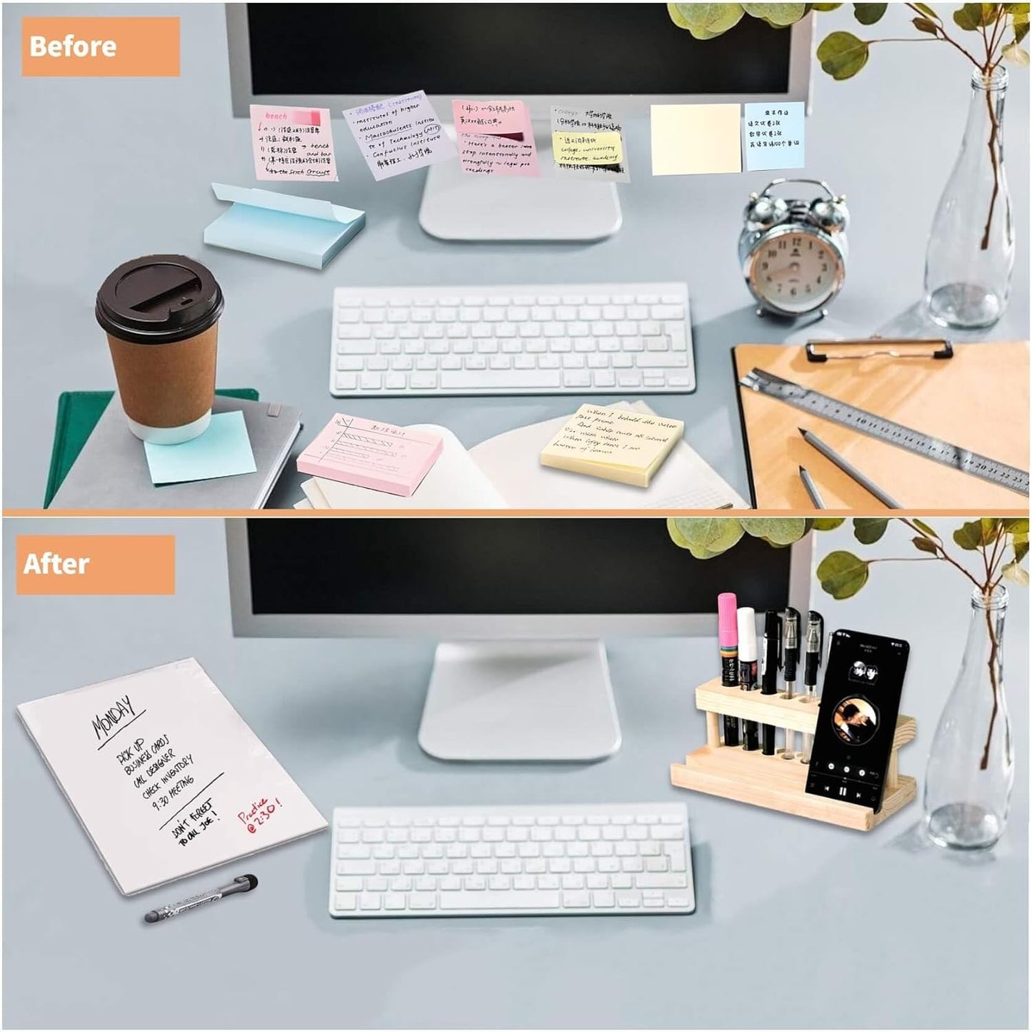 Glass White Board with Stand,Magnetic Mini Dry Erase Board for Desk,Small Desktop Whiteboard with Solid Wood Bracket