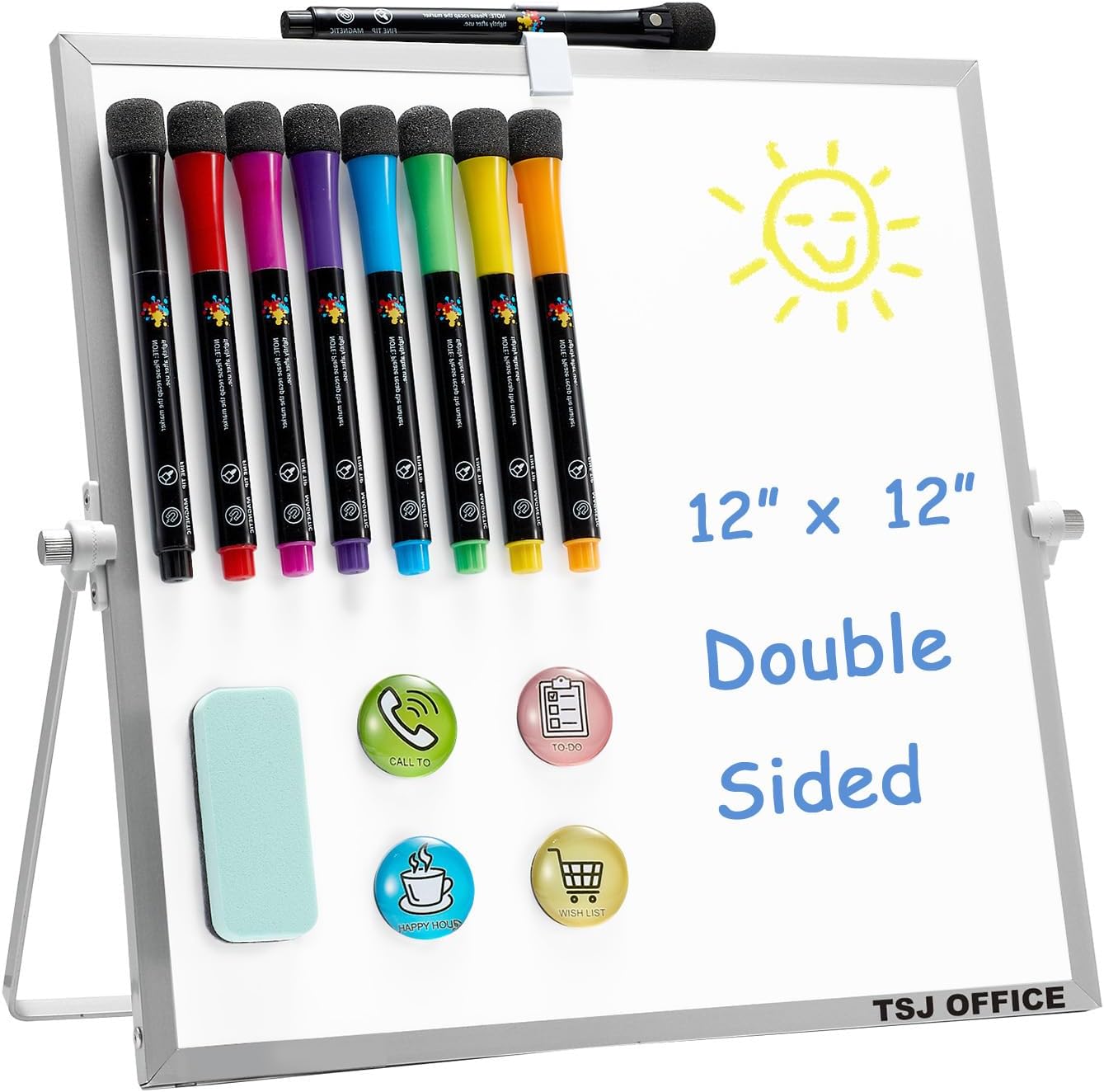 TSJ OFFICE Small White Board - 12 X 16 Inches Small Magnetic Dry Erase Board with Hooks for Wall, Desktop Whiteboard Stand 360 Degrees Revolving Double Sided for Office, Home, School, Silver
