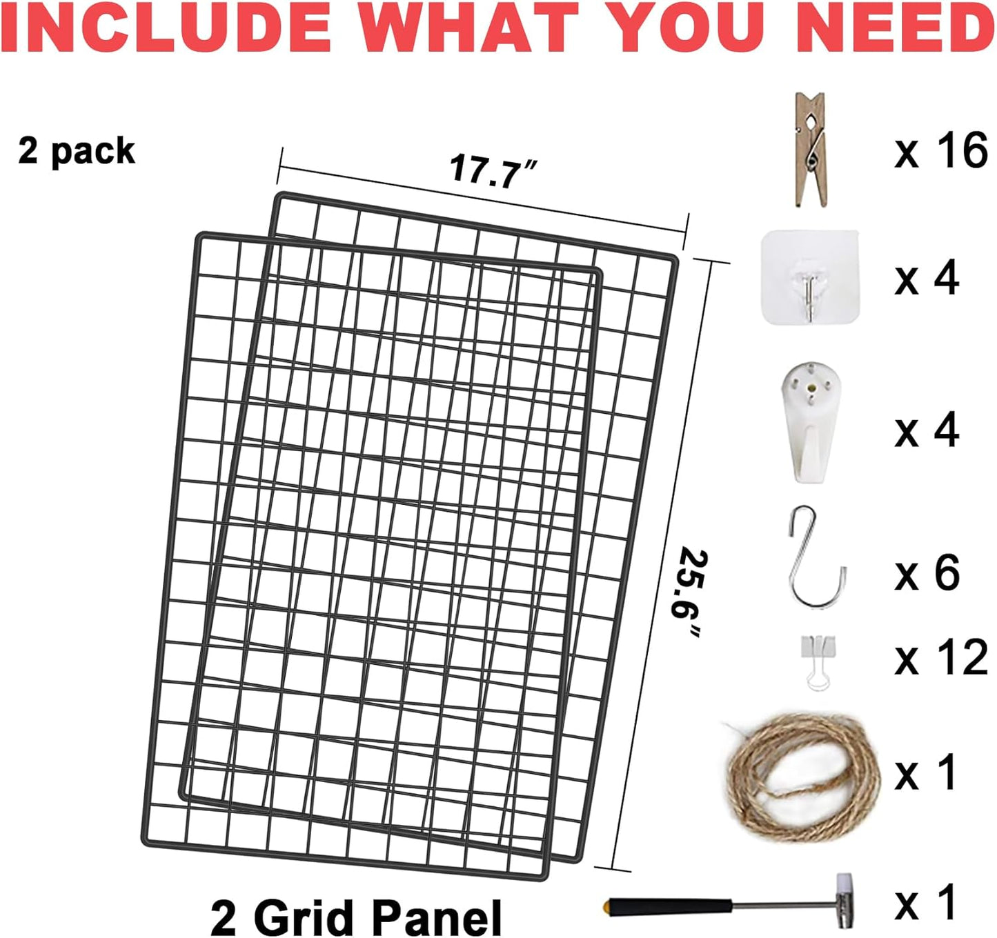 C&AHOME Photo Wall Display Set of 2, Grid Panel with Hooks, Clips, Hemp Cord, Hammer - 15.7" x 11.8", White UWWGM3402W