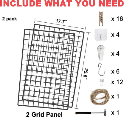C&AHOME Photo Wall Display Set of 2, Grid Panel with Hooks, Clips, Hemp Cord, Hammer - 15.7" x 11.8", White UWWGM3402W