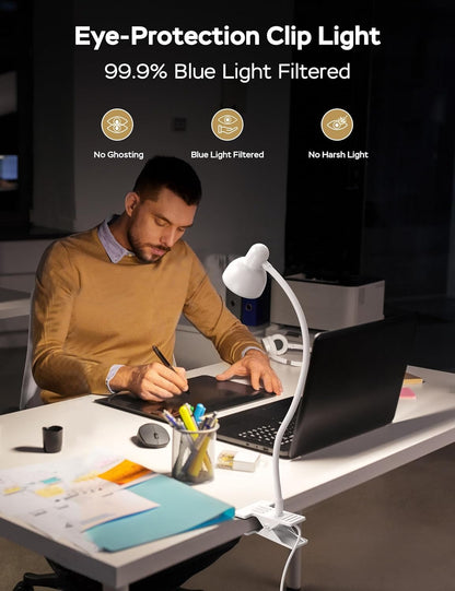 LiFMIRA Clip-on Reading Light - 3 Color Modes, 10 Dimmable Brightness, Eye Care Clamp Desk Lamp with Flexible Gooseneck for Reading in Bed, Desk, Headboard, Computer