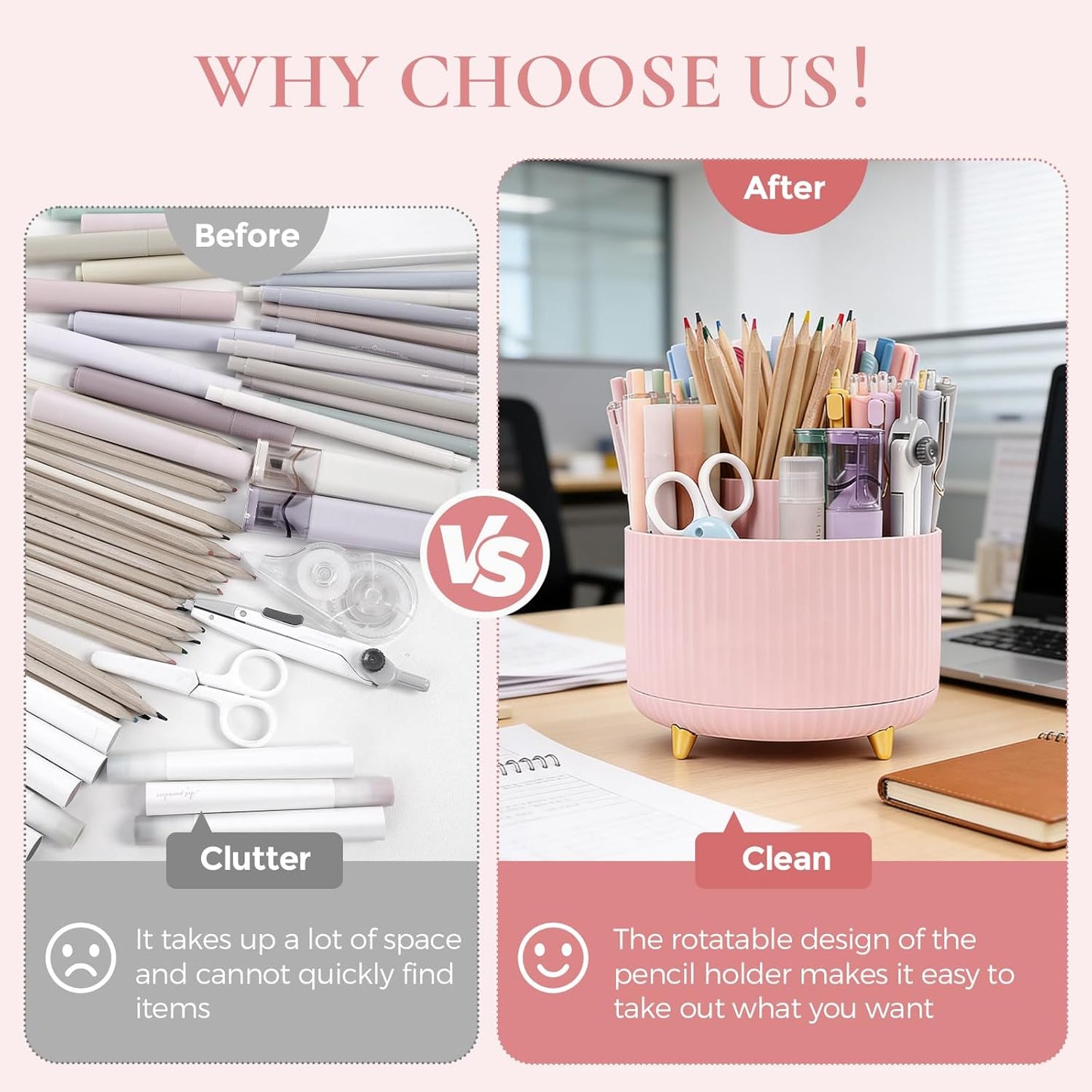 KONVINIT Pencil Pen Holder for Desk, 5 Slots 360 - Degree Rotating Desktop Organizer, Cute Desk Organizers and Accessories for School, Home, Office and Art Supply, Black