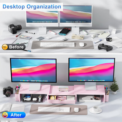 gianotter Dual Monitor Stand Riser, Desk Organizer With Drawer and 2 Pen Holders,Computer Monitor Stand, Desk Shelf for Top of Desk, Wood