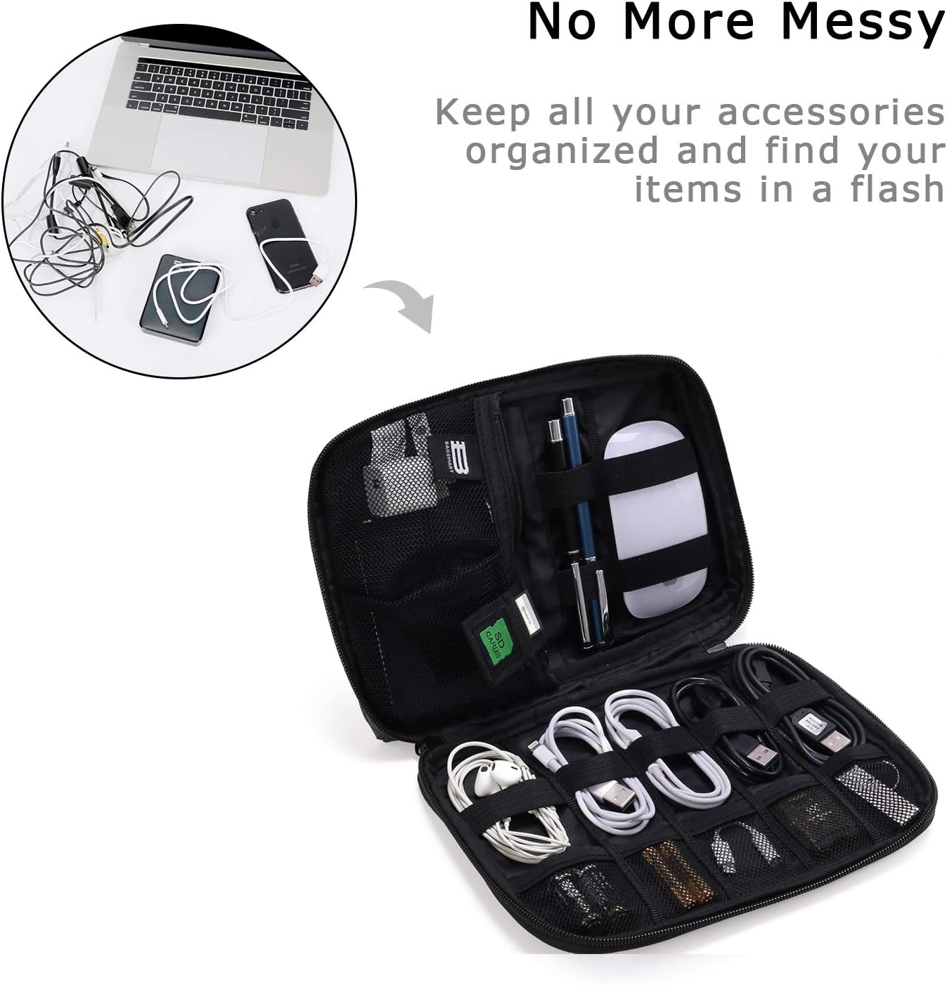 BAGSMART Electronics Organizer Travel Case, Cable Charger Cord Tech Organizer Pouch for Phone Charger Accessories, Black