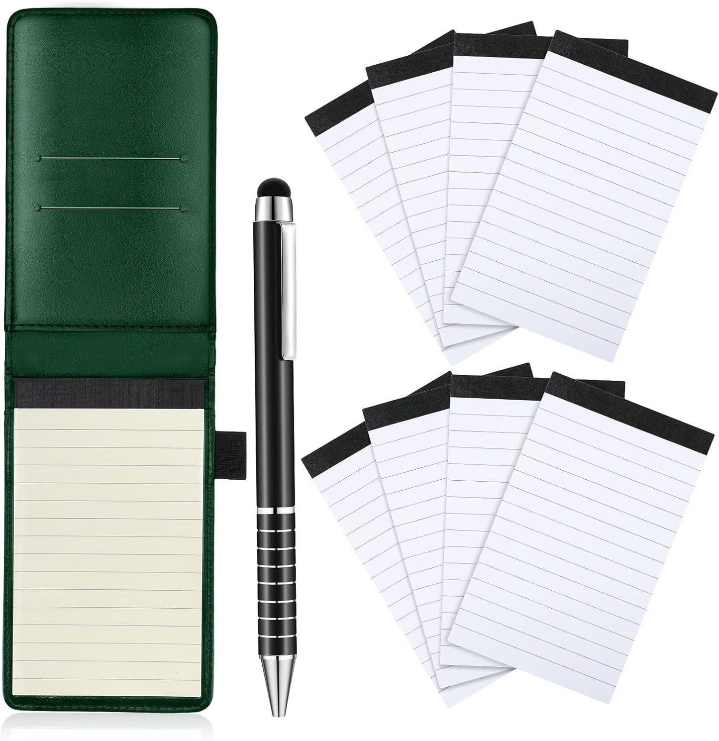 Outus 10 Pcs Mini Pocket Notepad Holder Set Included Small Leather Pocket Notebook Holder with 50 Lined Sheets, Metal Pen, 8 Pcs 3 x 5 Inch Memo Book Refills, 30 Lined Paper Per Note Pad (Black)