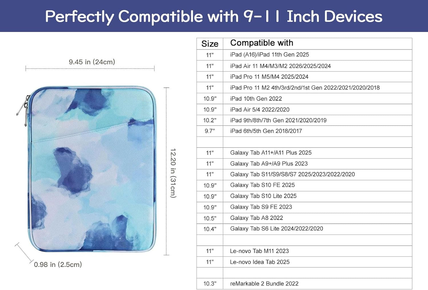 Dadanism 9-11" Tablet Sleeve Bag Carrying Case for iPad (A16) 11th Gen 11", iPad 10th Gen 10.9" Air 5/4, iPad Air M4/Pro 11", iPad 9/8/7th, Galaxy Tab A11+ Plus 11", Remarkable 2 10.3", Black