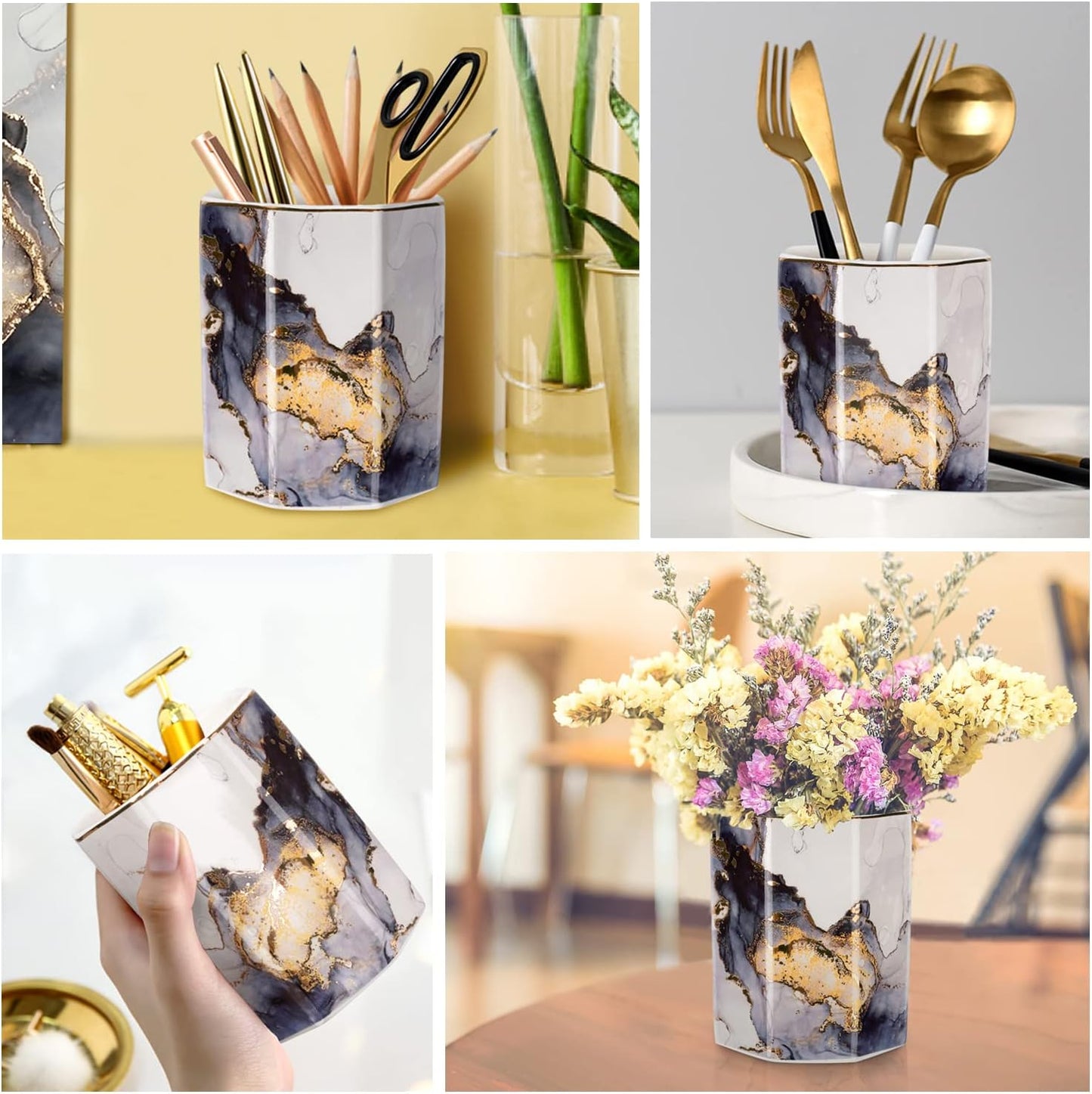 Pen Holder, Pencil Holder for Desk, Marble Desk Organizer Cute, Durable Ceramic Pencil Cup, Decorative Makeup Brush Holder Cup, Stationery Holder for Office, Home, Gray Marble