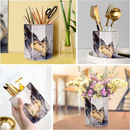 Pen Holder, Pencil Holder for Desk, Marble Desk Organizer Cute, Durable Ceramic Pencil Cup, Decorative Makeup Brush Holder Cup, Stationery Holder for Office, Home, Gray Marble