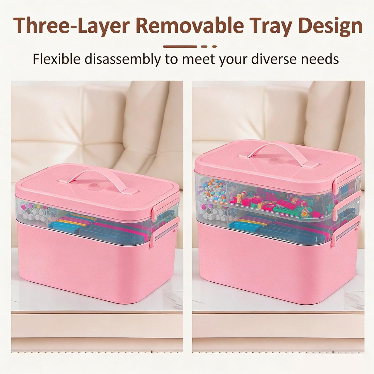 3-Layer Plastic Craft Organizers and Storage Box with Removable Trays, Storage Containers with lids and Handle, Art Supply Storage Organizer for Bead, Ornament, Nail Polish, Tape（10.62"x9"x7.67"）
